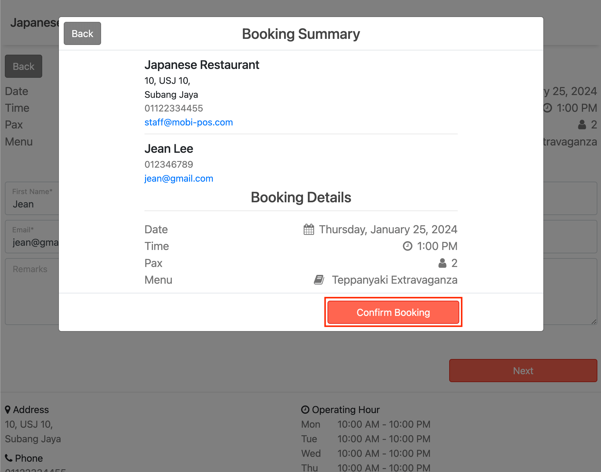 mobi-pos confirm booking page