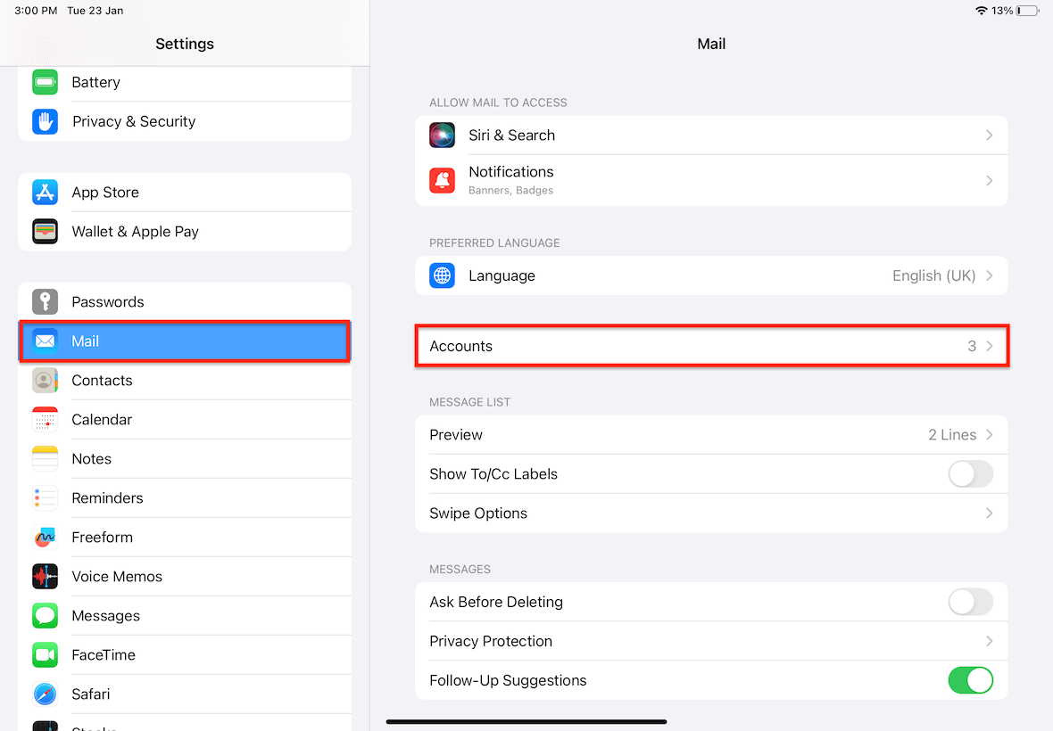 ipad settings mail