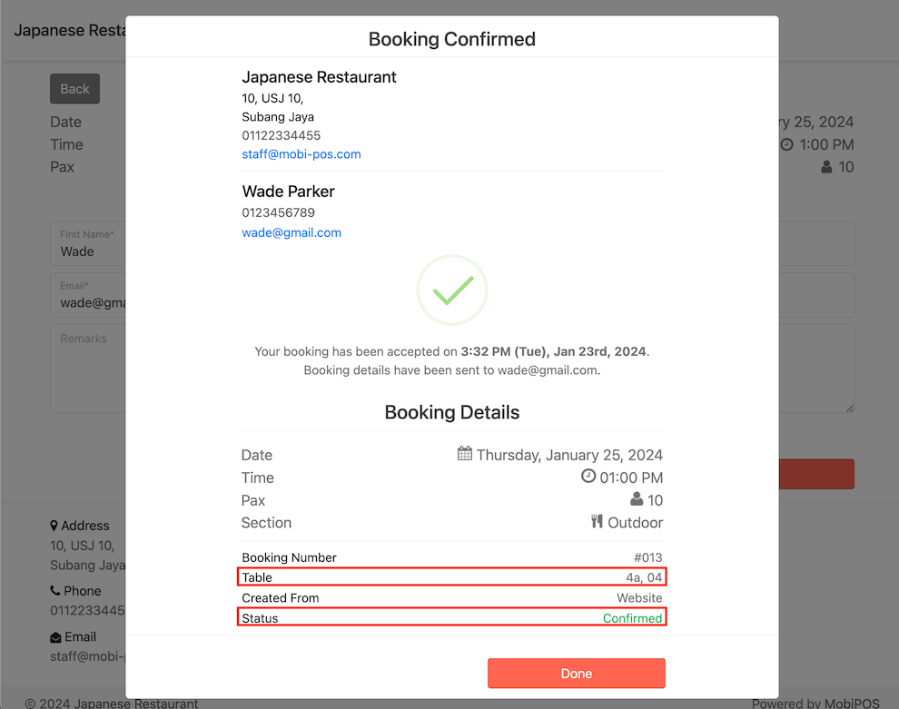 mobi-pos booking confirmation and details