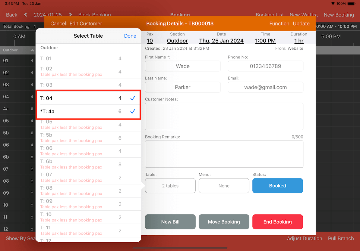 mobi-pos booking details of table on the MobiPOS app