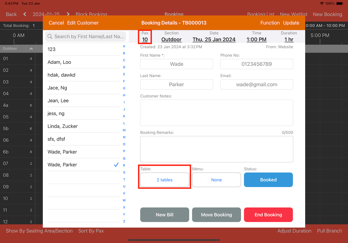 mobi-pos booking details on the MobiPOS app
