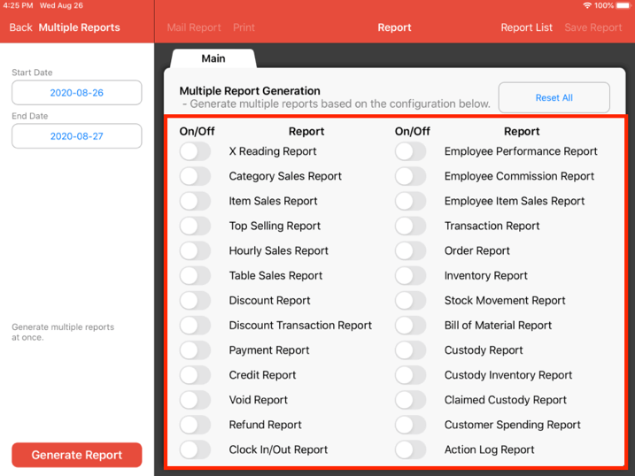 main configurations multiple reports