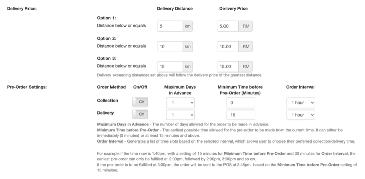 pos online ordering delivery options settings