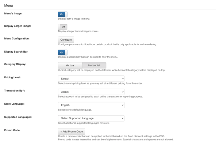 pos online ordering menu settings