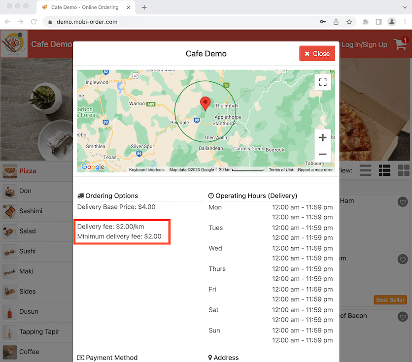 mobipos delivery price distance store info