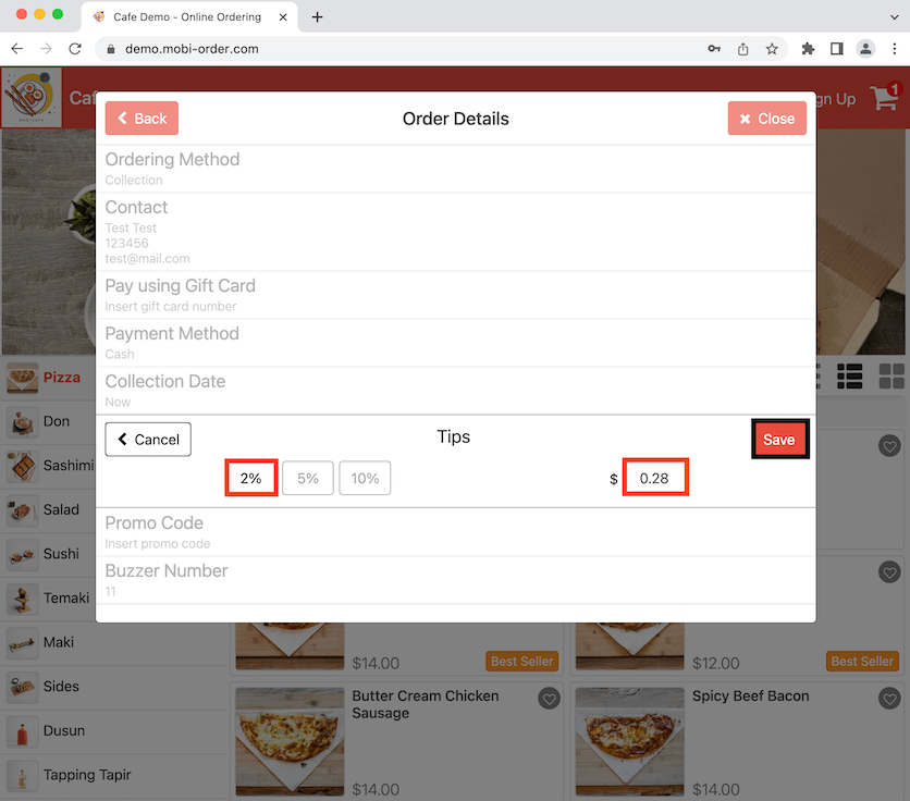 mobipos order details select tips amount