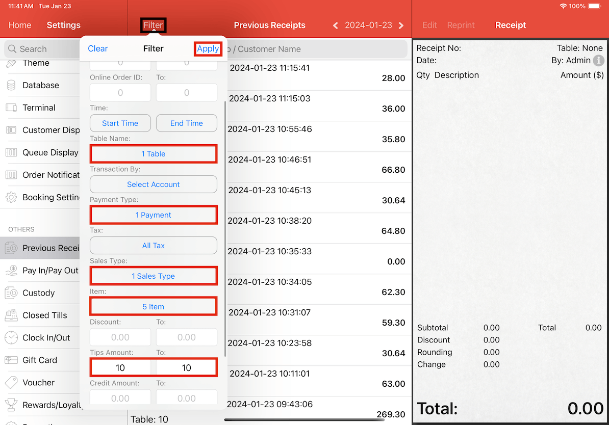 mobipos previous receipts example 3 filters