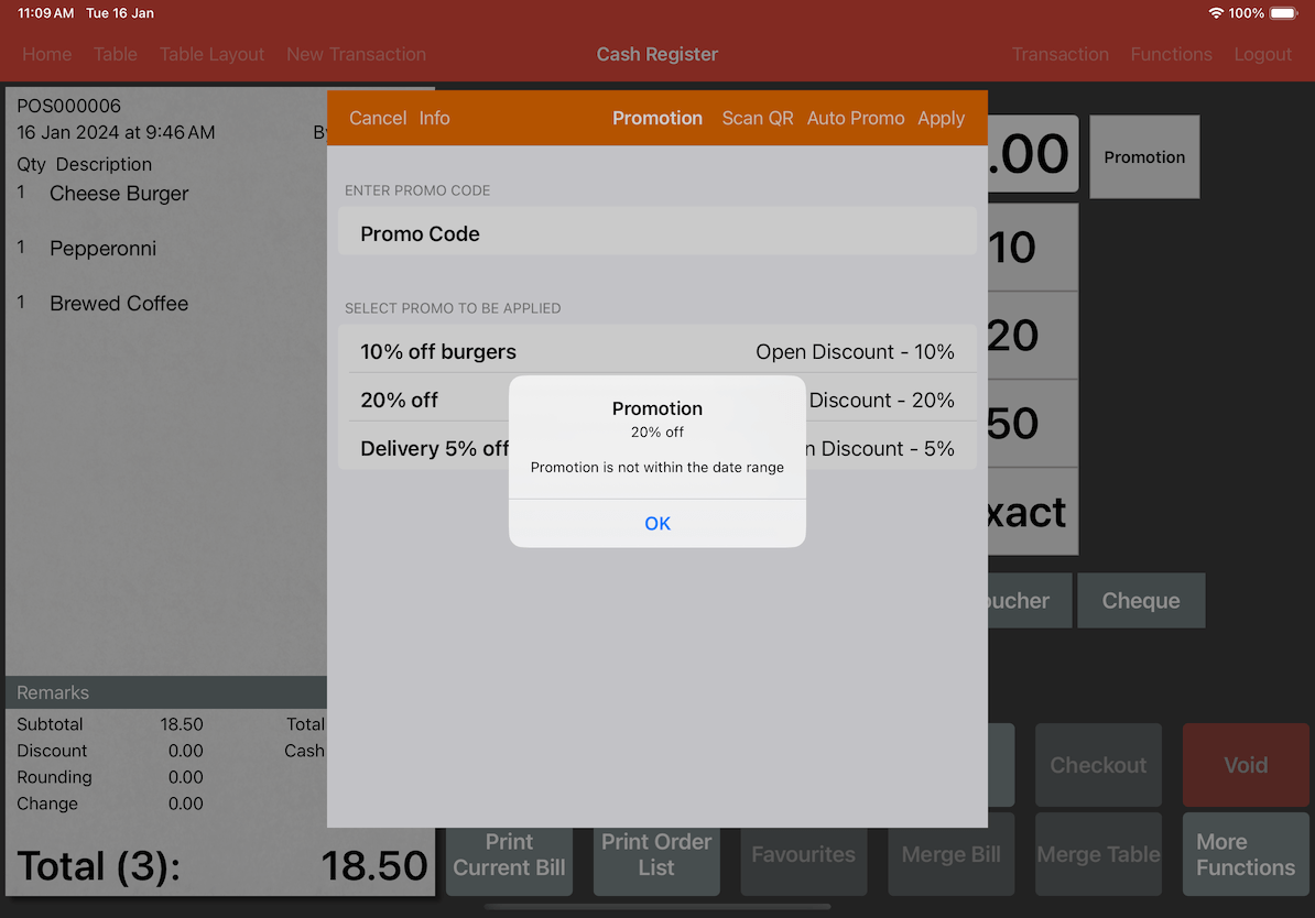 mobipos promotion not within date range error