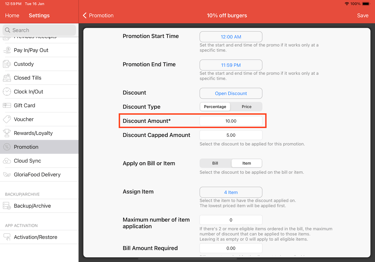 mobipos discount amount setting