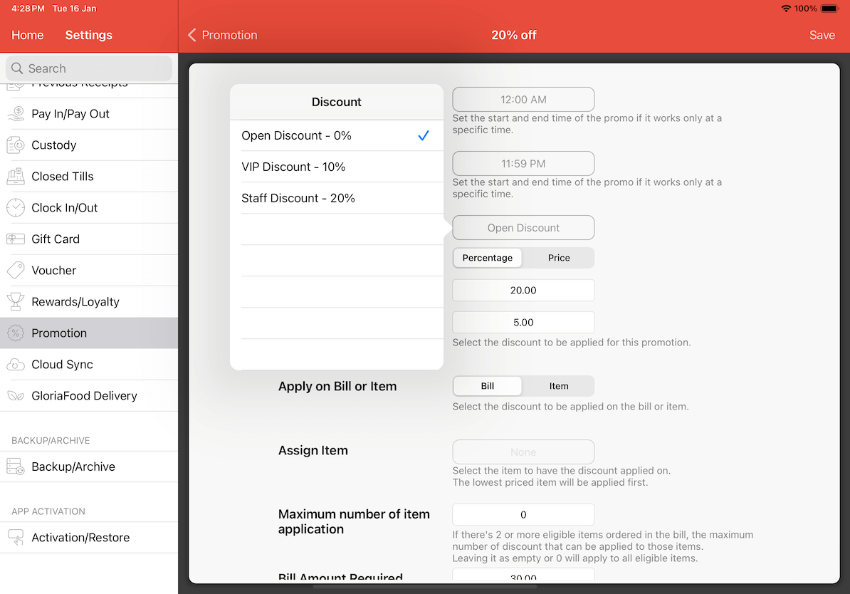 mobipos pro discounts settings