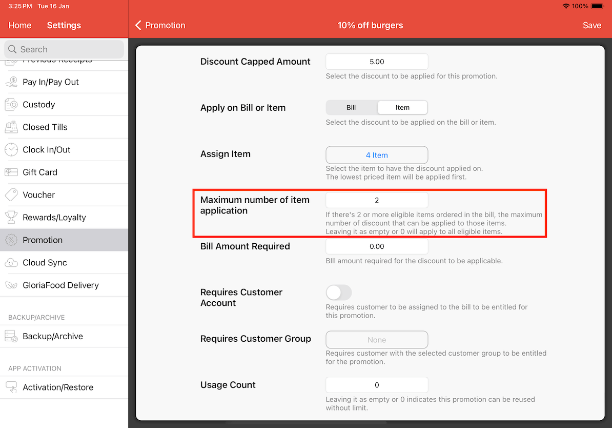 mobipos promotion limit settings