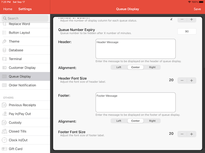 mobipos queue display header footer settings