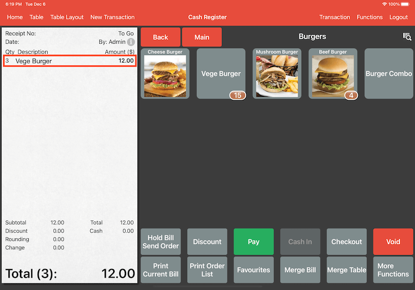 mobipos order 3 vege burger
