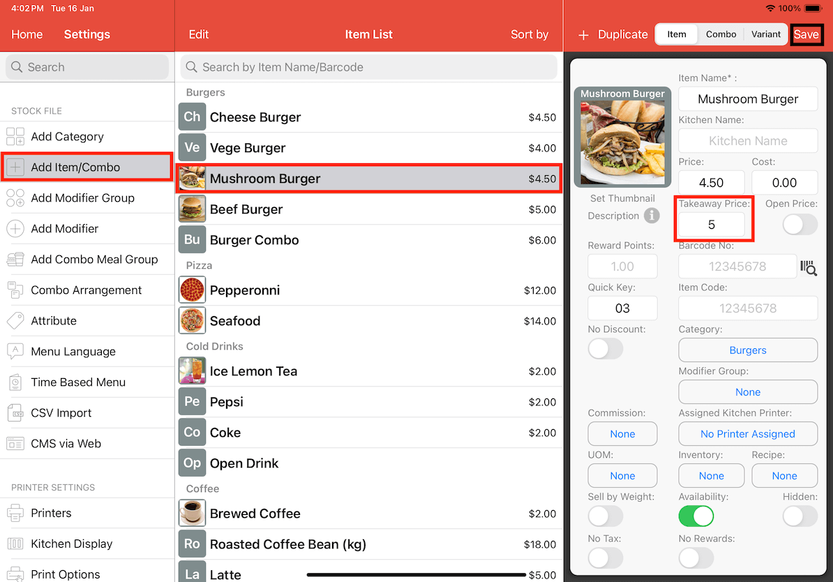 mobi-post takeaway price for items