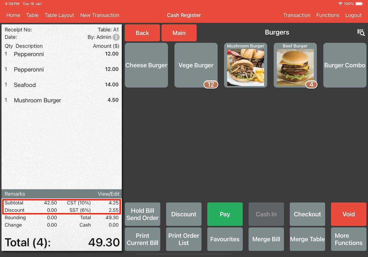 mobi-post tax for eat in customer